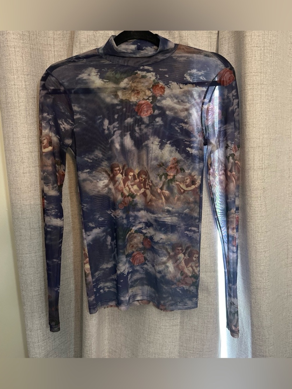 SweetLilac Y2K Sheer Cherub Angel Cloud Rose Print Long Sleeve Mesh Top - Blue S